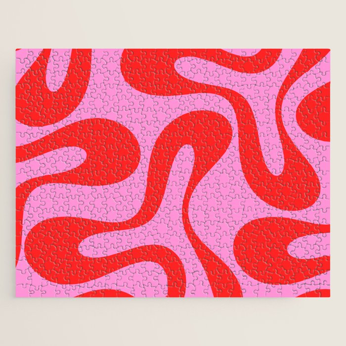 Retro Modern Soft Curves Abstract Pattern in Preppy Pink and Red Jigsaw Puzzle Gallery Image 1