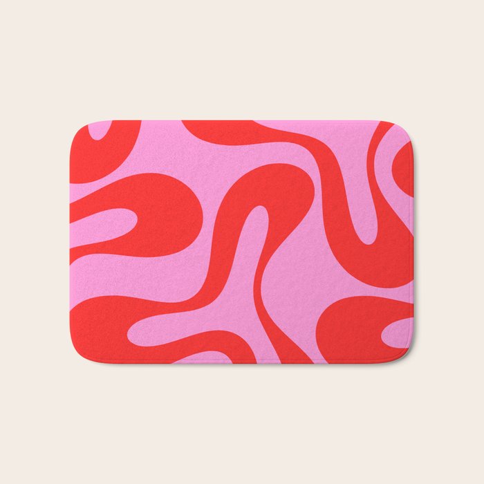 Retro Modern Soft Curves Abstract Pattern in Preppy Pink and Red Bath Mat Gallery Image 1