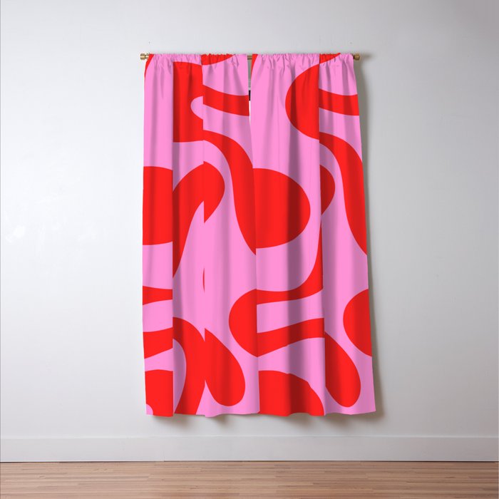 Retro Modern Soft Curves Abstract Pattern in Preppy Pink and Red Window Curtain Gallery Image 3