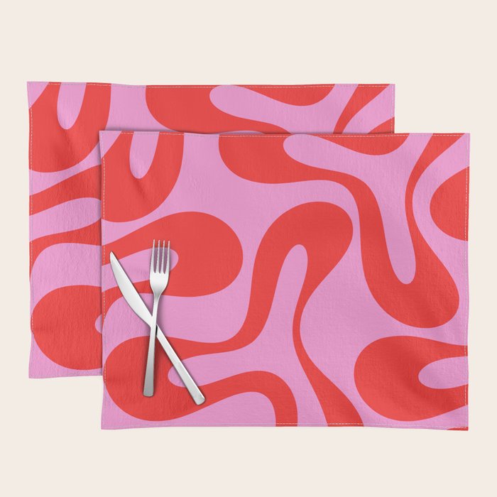 Retro Modern Soft Curves Abstract Pattern in Preppy Pink and Red Placemat Gallery Image 1
