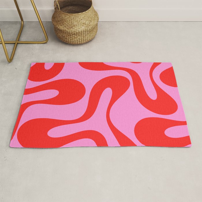 Retro Modern Soft Curves Abstract Pattern in Preppy Pink and Red Rug Gallery Image 1