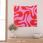 Retro Modern Soft Curves Abstract Pattern in Preppy Pink and Red Wall Tapestry Gallery Image 2