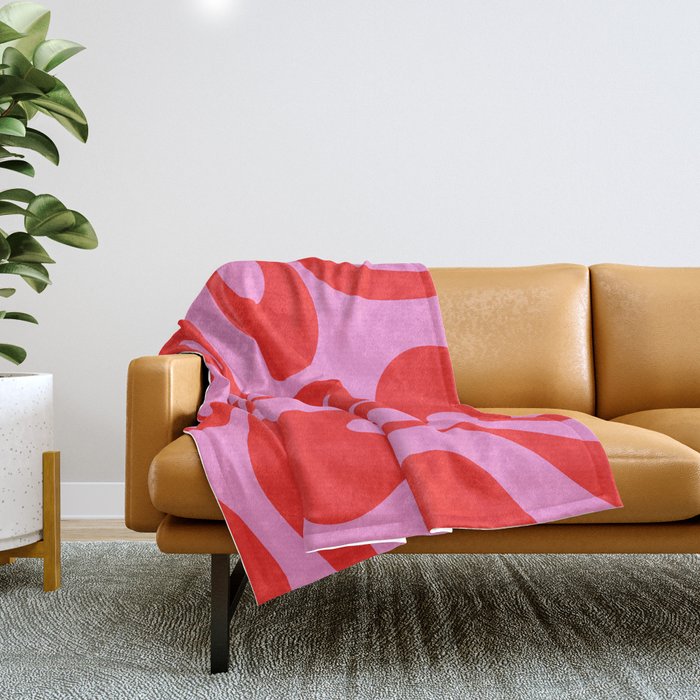 Retro Modern Soft Curves Abstract Pattern in Preppy Pink and Red Throw Blanket Gallery Image 1
