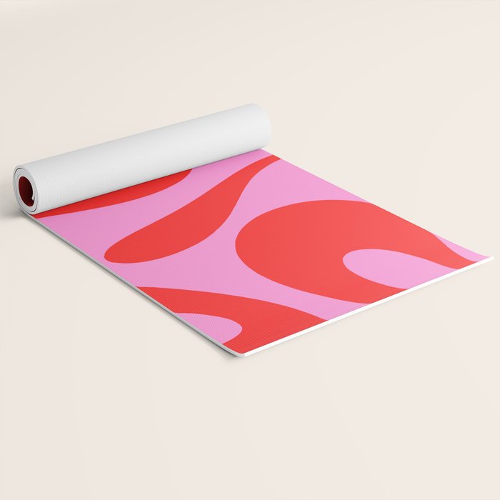 Retro Modern Soft Curves Abstract Pattern in Preppy Pink and Red Yoga Mat Gallery Image 2