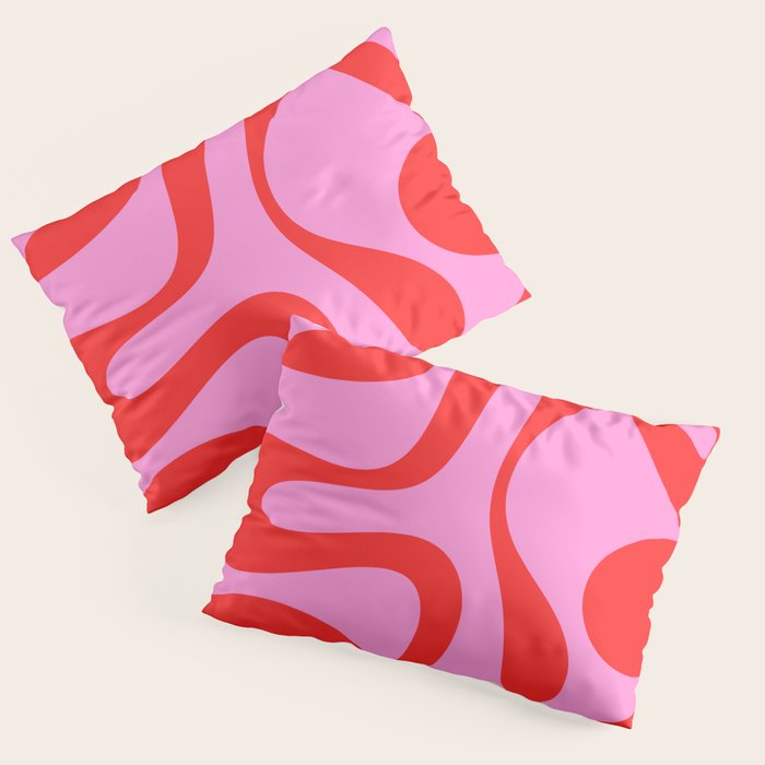 Retro Modern Soft Curves Abstract Pattern in Preppy Pink and Red Pillow Sham Gallery Image 3