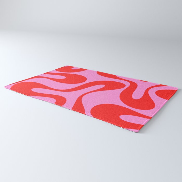 Retro Modern Soft Curves Abstract Pattern in Preppy Pink and Red Rug Gallery Image 3