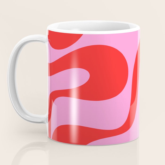Retro Modern Soft Curves Abstract Pattern in Preppy Pink and Red Coffee Mug Gallery Image 3
