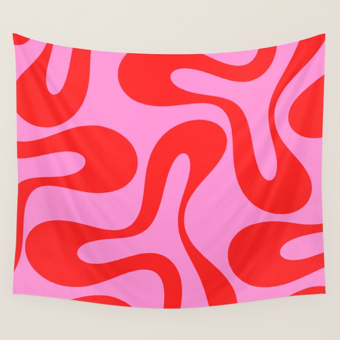 Retro Modern Soft Curves Abstract Pattern in Preppy Pink and Red Wall Tapestry Gallery Image 4