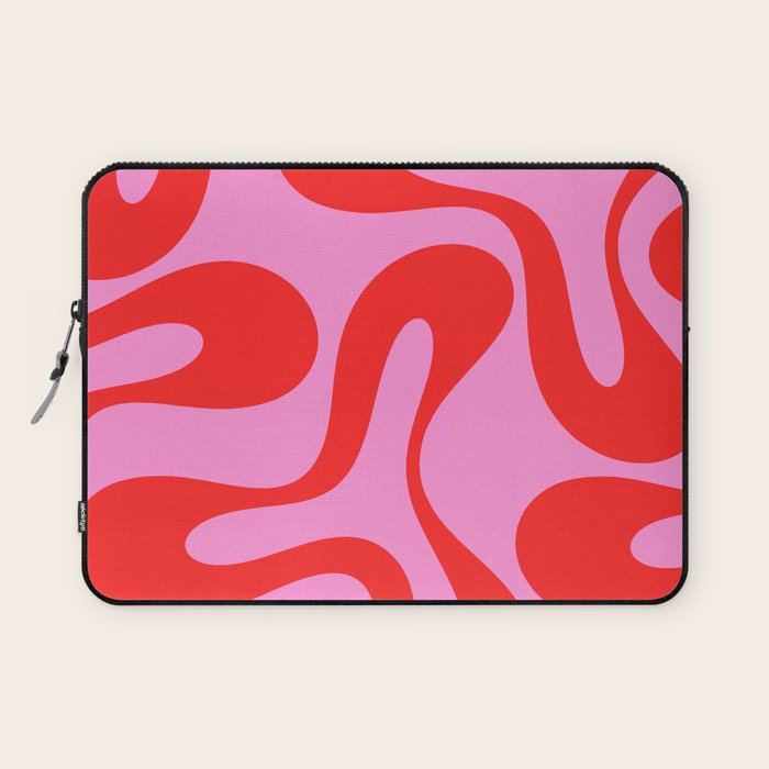 Retro Modern Soft Curves Abstract Pattern in Preppy Pink and Red Laptop Sleeve Gallery Image 1