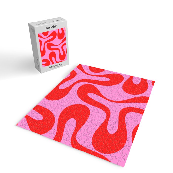 Retro Modern Soft Curves Abstract Pattern in Preppy Pink and Red Jigsaw Puzzle Gallery Image 2