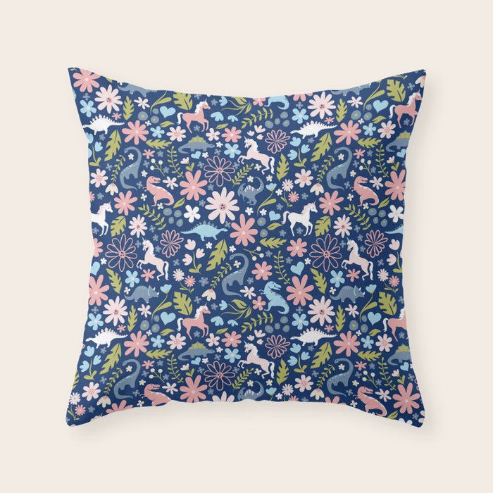 Dinosaur + Unicorn on Royal Blue Throw Pillow Gallery Image 1