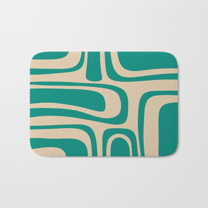 Palm Springs - Midcentury Modern Abstract Pattern in Mid Mod Turquoise Teal and Beige  Bath Mat Gallery Image 1