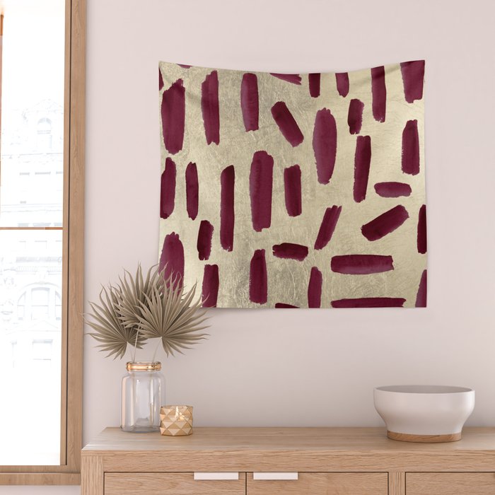 Modern burgundy gold watercolor brushstrokes Wall Tapestry Gallery Image 2