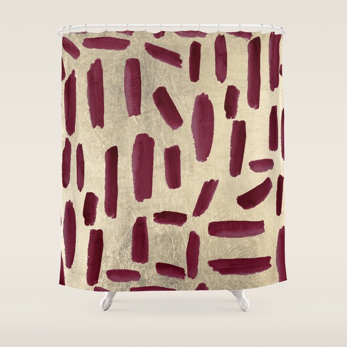 Modern burgundy gold watercolor brushstrokes Shower Curtain Gallery Image 1