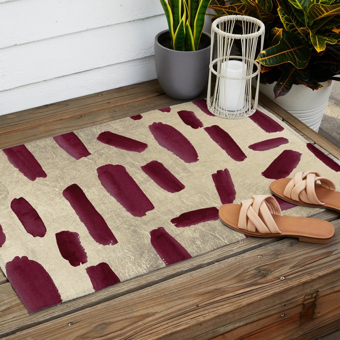 Modern burgundy gold watercolor brushstrokes Outdoor Rug Gallery Image 2