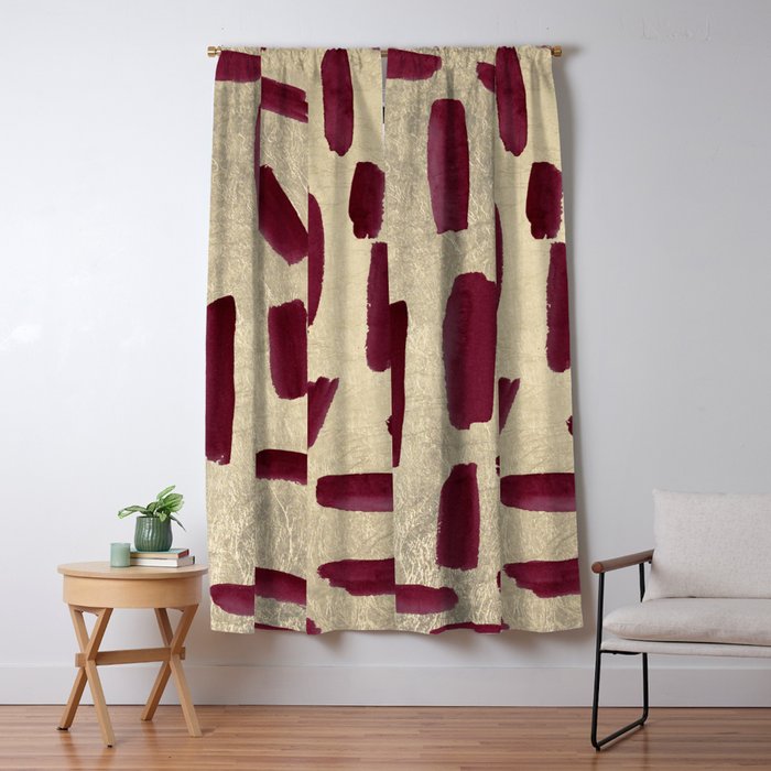 Modern burgundy gold watercolor brushstrokes Window Curtain Gallery Image 5