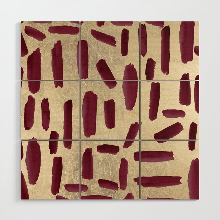 Modern burgundy gold watercolor brushstrokes Wood Wall Art Gallery Image 1