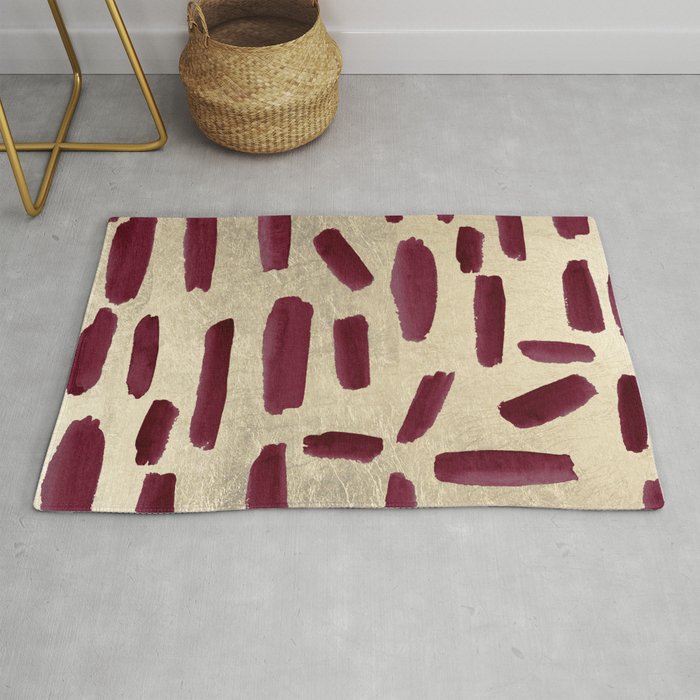 Modern burgundy gold watercolor brushstrokes Rug Gallery Image 1