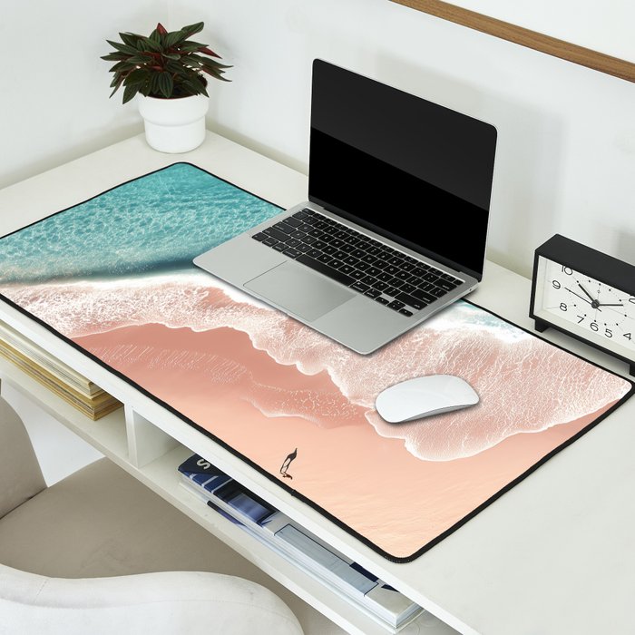 Pastel Coastline - Aerial View of Turquoise Sea and Blush Sand Desk Mat Gallery Image 2