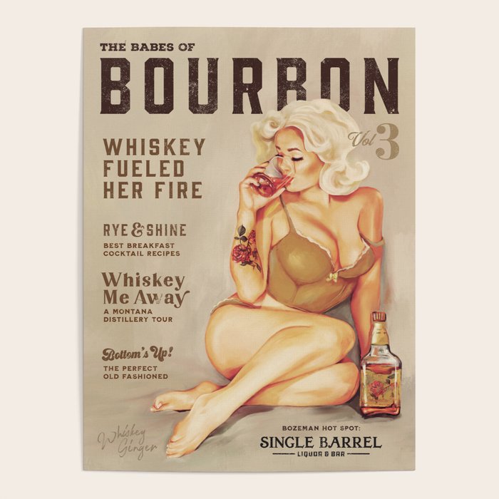 "The Babes Of Bourbon" Cute Vintage Blonde Pinup Girl In Lingerie Drinking Whiskey Poster Gallery Image 1