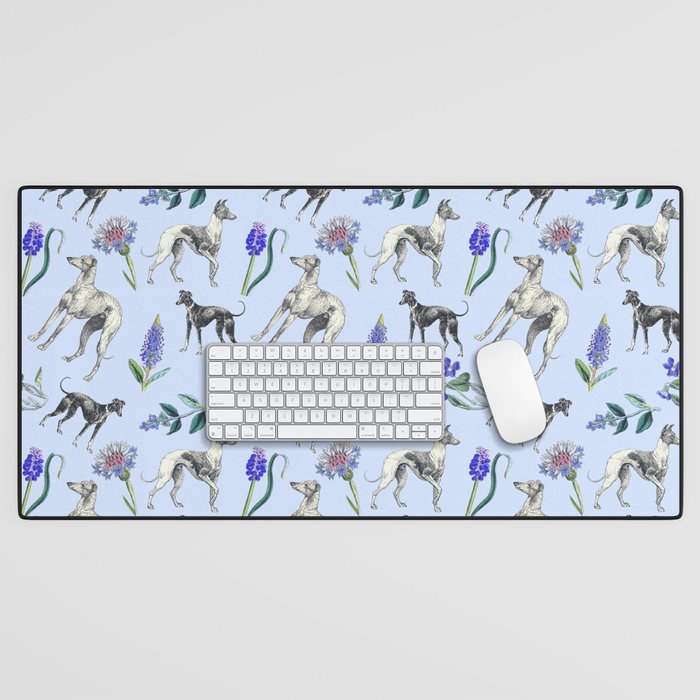 GREYHOUND DOGS and Blue Meadow Botanical Pattern  Desk Mat Gallery Image 1