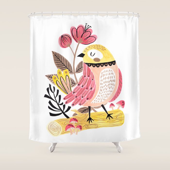 Little Birdy on a Log Shower Curtain Gallery Image 1