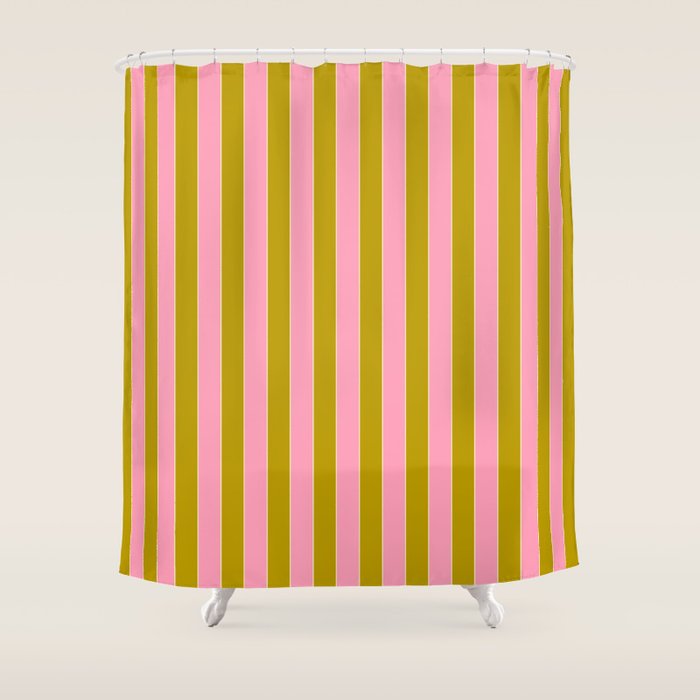 Eclectic Stripes Vertical Colorful Pink and Chartreuse Pattern Shower Curtain Gallery Image 1