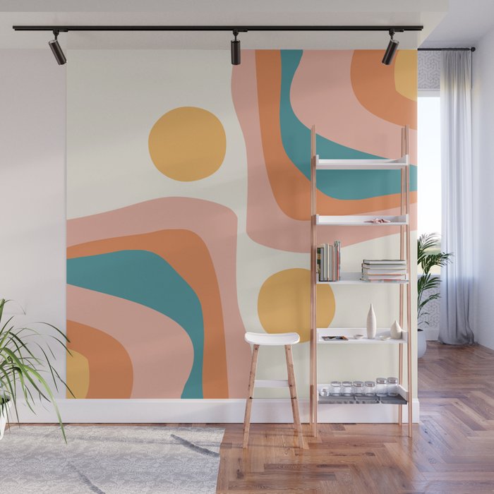 Abstract Wavy Rainbow and Sun Pattern in retro theme Wall Mural Gallery Image 1