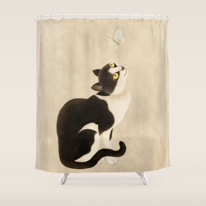 Minhwa: cat & butterfly (Korean traditional/folk art) Shower Curtain Gallery Image 1