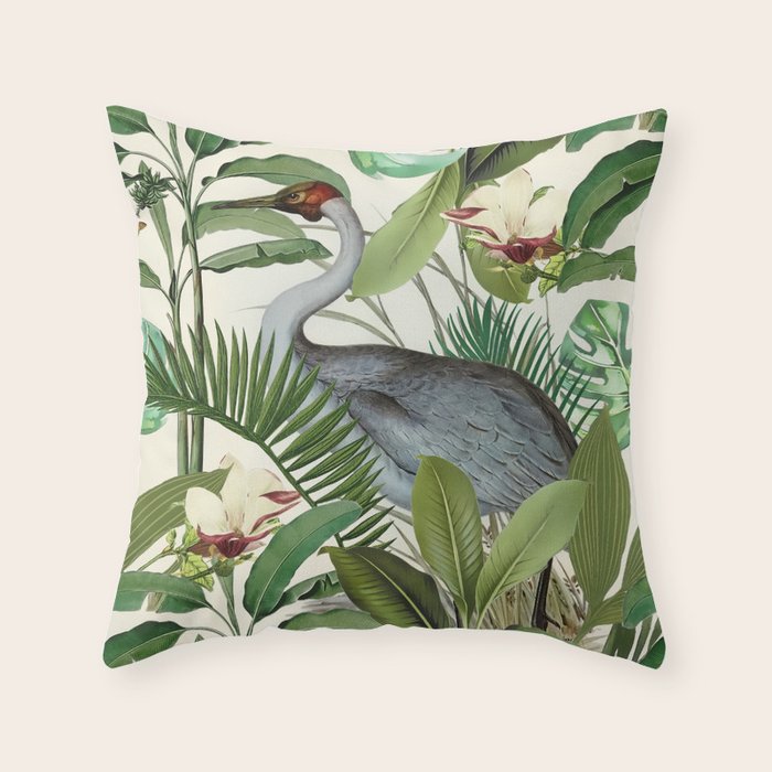 Tropical Heron Bird Rainforest Illustration Throw Pillow Gallery Image 6