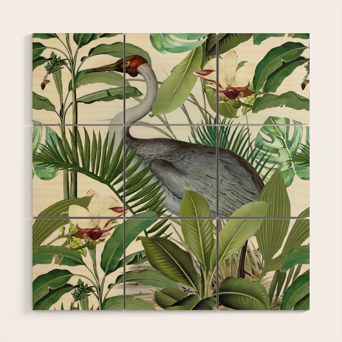 Tropical Heron Bird Rainforest Illustration Wood Wall Art Gallery Image 1
