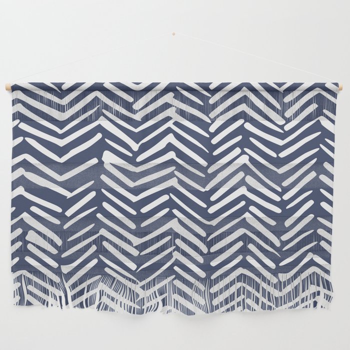 Boho Herringbone Pattern, Navy Blue and White Wall Hanging Gallery Image 1