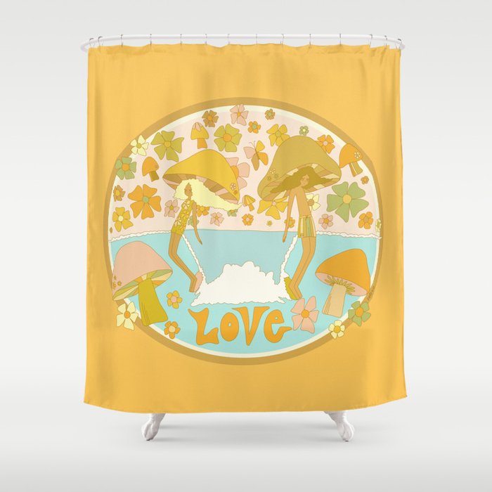 mushy love mushroom longboard surf // retro art by surfy birdy Shower Curtain Gallery Image 1