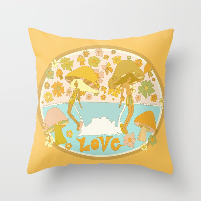 mushy love mushroom longboard surf // retro art by surfy birdy Throw Pillow Gallery Image 6