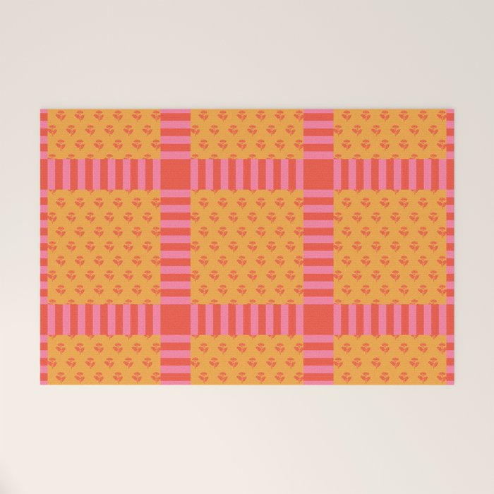 Eclectic Cottage Floral Grid in Vibrant Pink Orange Yellow Welcome Mat Gallery Image 1
