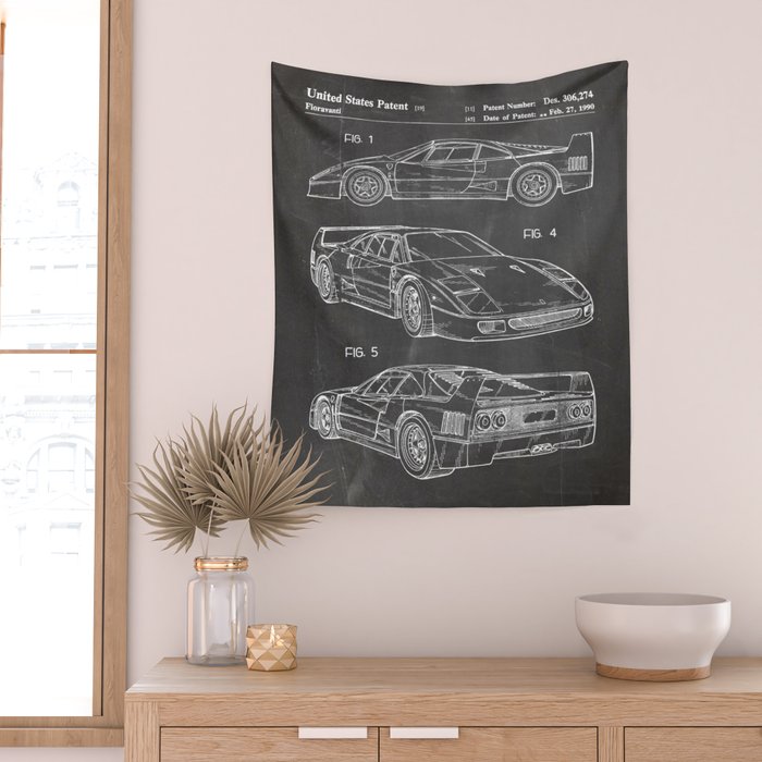 Supercar Sports Car Patent - Car Fan Classic Car Art - Black Chalkboard Wall Tapestry Gallery Image 2