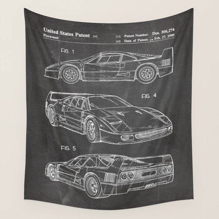 Supercar Sports Car Patent - Car Fan Classic Car Art - Black Chalkboard Wall Tapestry Gallery Image 1
