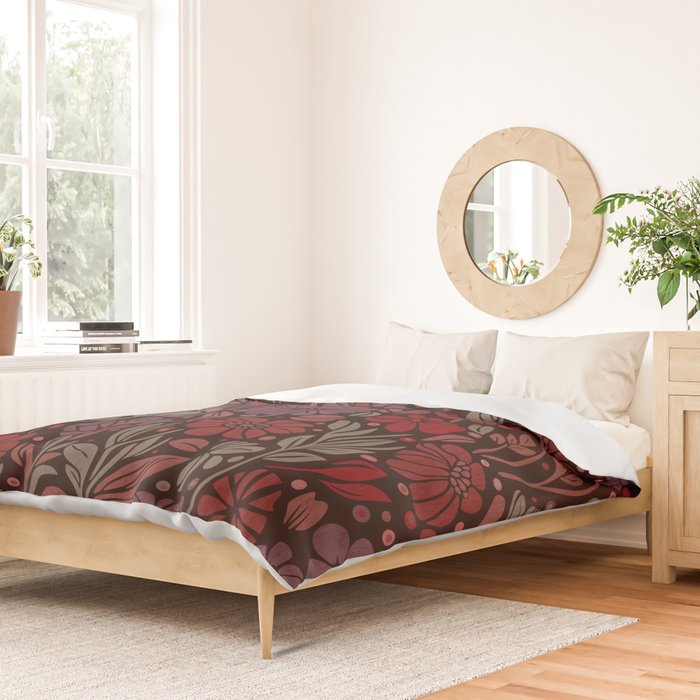 Eternal Summer Block Print Countryside Vibes Flower Garden Crimson Red Duvet Cover Gallery Image 2