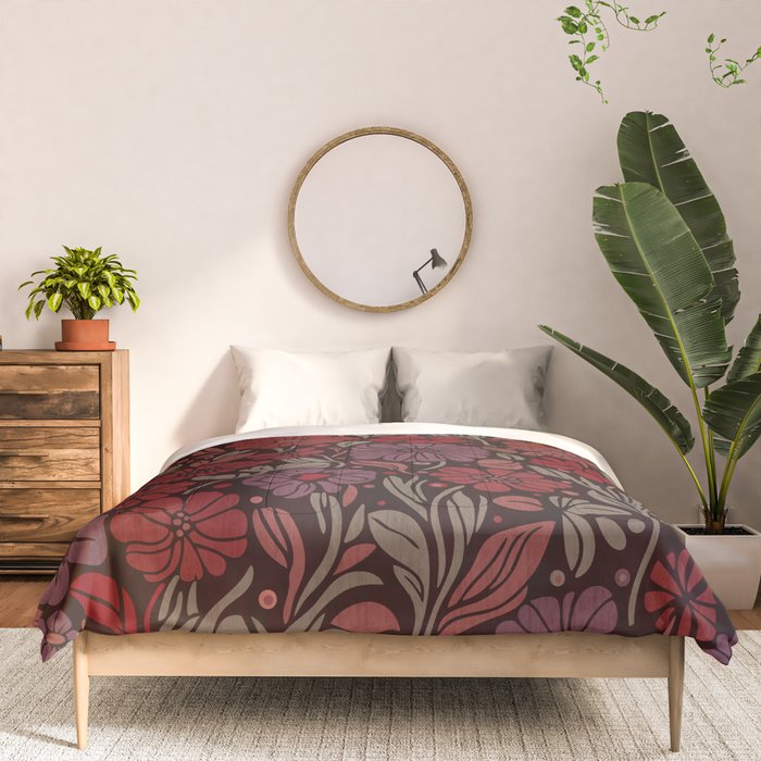 Eternal Summer Block Print Countryside Vibes Flower Garden Crimson Red Comforter Gallery Image 3