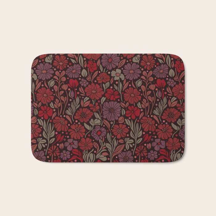 Eternal Summer Block Print Countryside Vibes Flower Garden Crimson Red Bath Mat Gallery Image 1