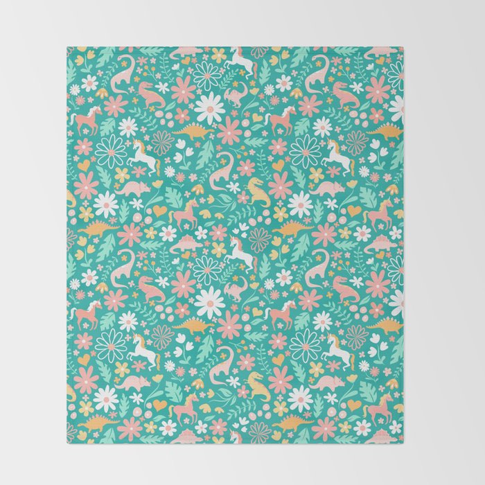Dinosaurs + Unicorns on Teal Throw Blanket Gallery Image 2