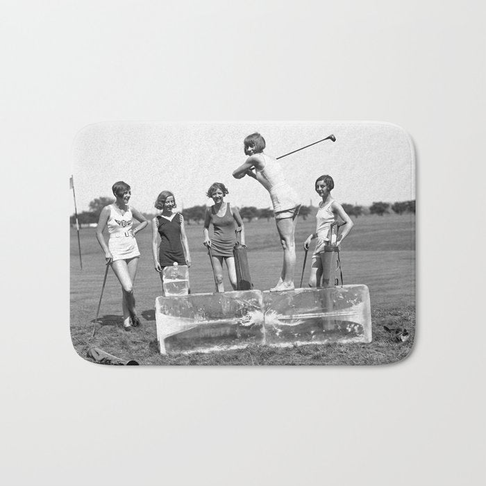 Lady Golfers, Black and White, Vintage Wall Art. Bath Mat Gallery Image 1