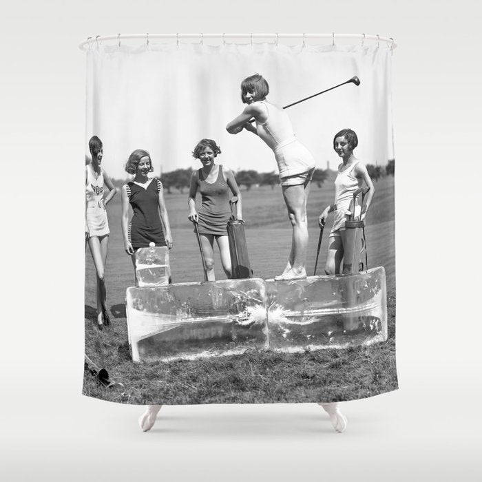 Lady Golfers, Black and White, Vintage Wall Art. Shower Curtain Gallery Image 1
