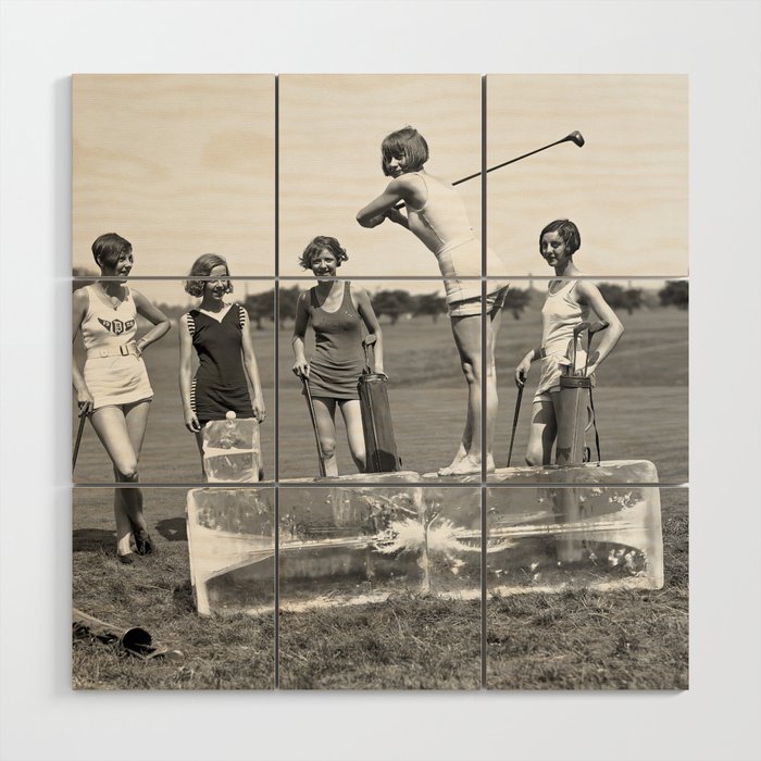 Lady Golfers, Black and White, Vintage Wall Art. Wood Wall Art Gallery Image 1