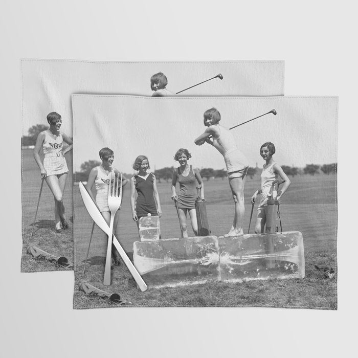 Lady Golfers, Black and White, Vintage Wall Art. Placemat Gallery Image 1