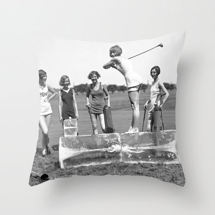 Lady Golfers, Black and White, Vintage Wall Art. Throw Pillow Gallery Image 6