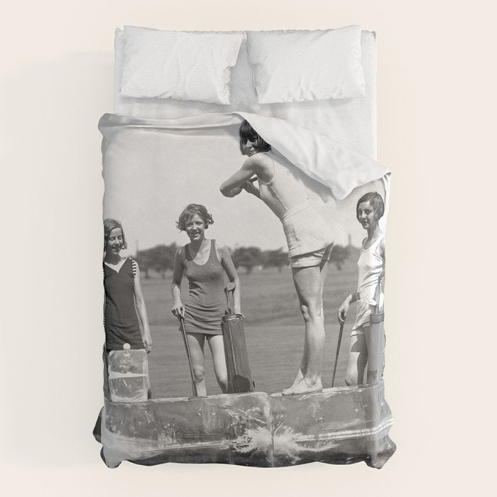Lady Golfers, Black and White, Vintage Wall Art. Duvet Cover Gallery Image 1