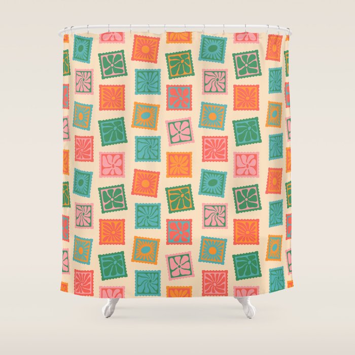 Vintage flower postage stamp pattern Shower Curtain Gallery Image 1