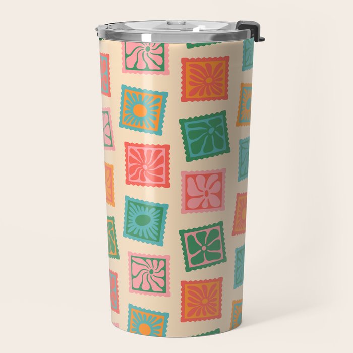 Vintage flower postage stamp pattern Travel Mug Gallery Image 2