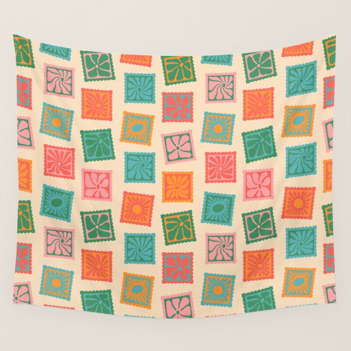Vintage flower postage stamp pattern Wall Tapestry Gallery Image 1